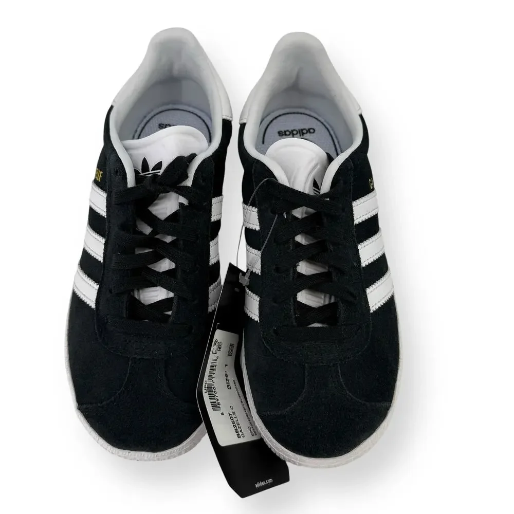 Adidas Gazelle Boy Girl Black White Suede Sneakers Tennis Shoes Youth Sz 1
